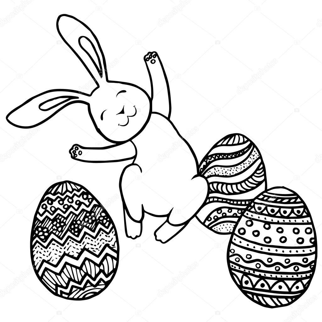 Il salto del coniglietto di Pasqua e uova Modello per adulti da colorare Disegno disegnato a mano con elementi etnici doodle e zentangle