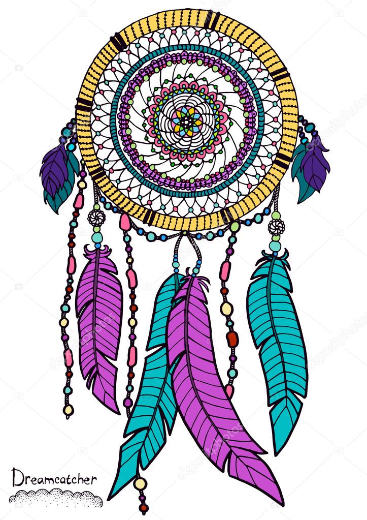 Dreamcatcher colored. Hand drawn design with ethnic, doodle and