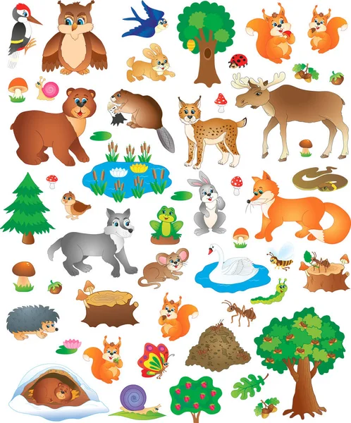 Büyük bir orman hayvanı koleksiyonu, böcekler, kuşlar. vektör illüstrasyonu