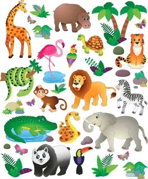 Large Collection Funny African Animals Jungle Vector Illustration — Stock Vector