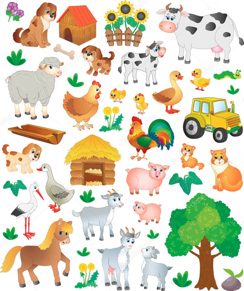 large collection of funny farm animals. vector illustration