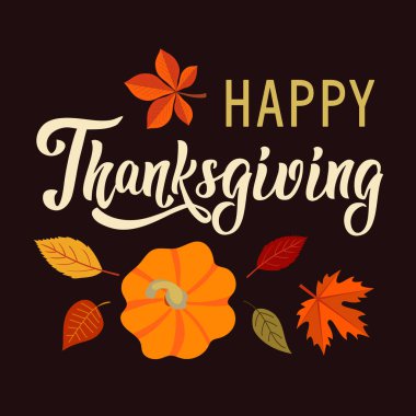 Şükran Günü tebrik kartı. vektör görüntü. Yapraklar, balkabağı, akçaağaç, kaligrafi