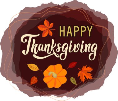 Şükran Günü tebrik kartı. vektör görüntü. Yapraklar, balkabağı, akçaağaç, kaligrafi