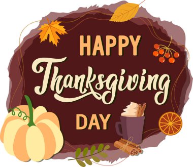 Şükran Günü tebrik kartı. vektör görüntü. Yapraklar, balkabağı, akçaağaç, kaligrafi