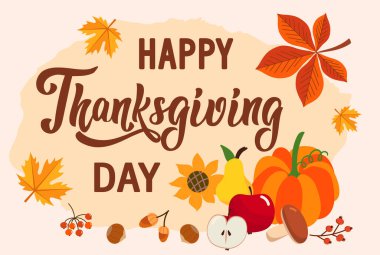 Şükran Günü tebrik kartı. vektör görüntü. Yapraklar, balkabağı, akçaağaç, kaligrafi