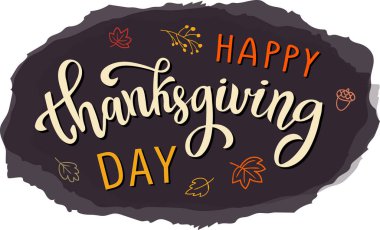 Şükran Günü tebrik kartı. vektör görüntü. Yapraklar, balkabağı, akçaağaç, kaligrafi