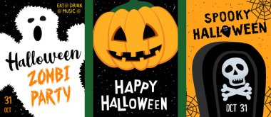 Cadılar Bayramı parti broşürü. Büyük set. Çizgi film tarzında vektör resmi