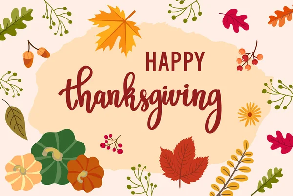 Şükran Günü tebrik kartı. vektör görüntü. Yapraklar, balkabağı, akçaağaç, kaligrafi