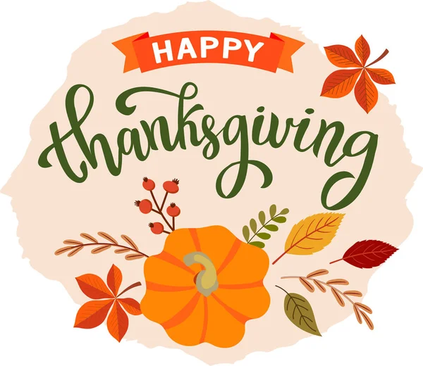 Şükran Günü tebrik kartı. vektör görüntü. Yapraklar, balkabağı, akçaağaç, kaligrafi