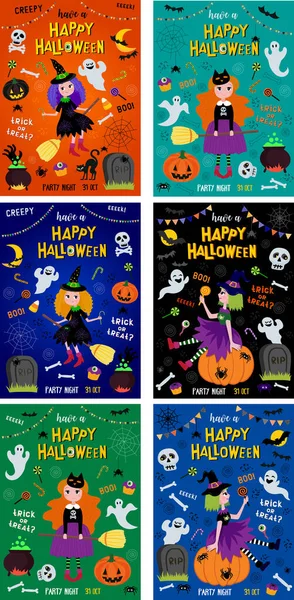 Halloween Feest Flyer Sjabloon Een Grote Set Vector Beeld Cartoon — Stockvector