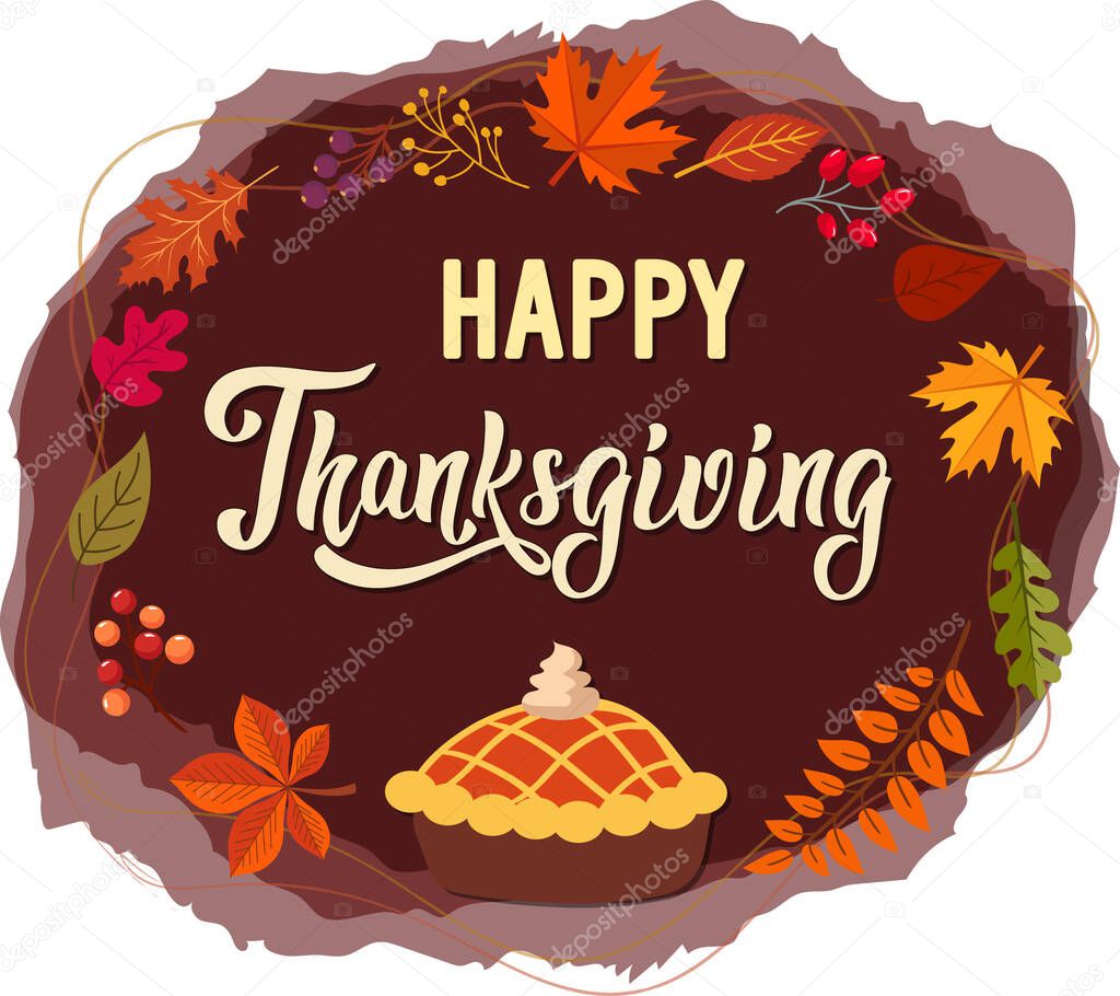 Thanksgiving greeting card. vector image. leaves, pumpkin, maple, calligraphy