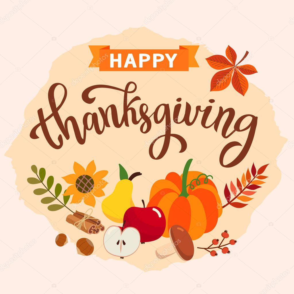 Thanksgiving greeting card. vector image. leaves, pumpkin, maple, calligraphy