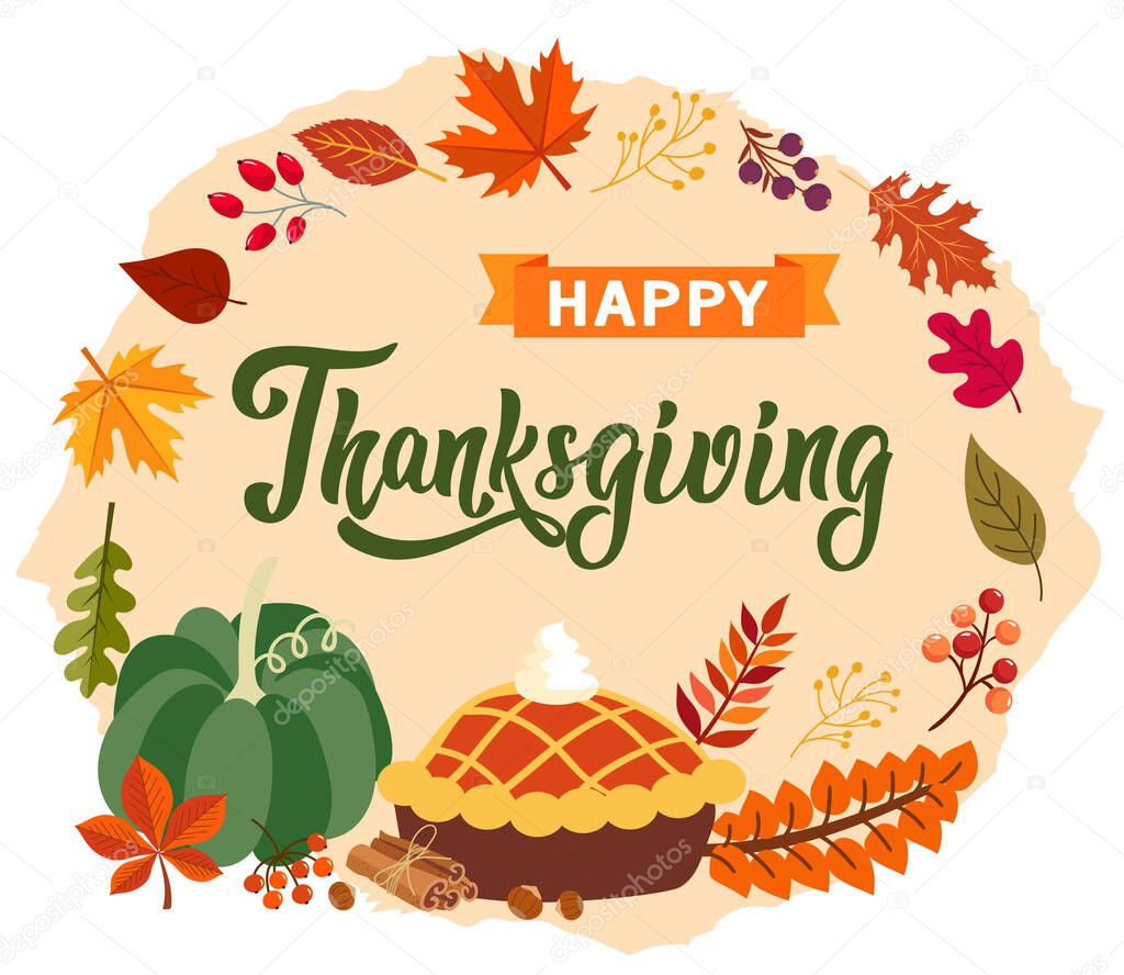 Thanksgiving greeting card. vector image. leaves, pumpkin, maple, calligraphy