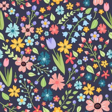 Kusursuz desen, çiçek ve yaprakların vektör görüntüsü. Zarif pastel renkler 