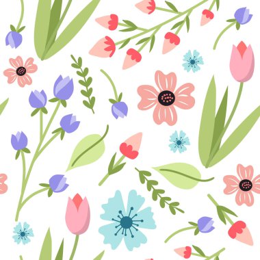 Kusursuz desen, çiçek ve yaprakların vektör görüntüsü. Zarif pastel renkler 