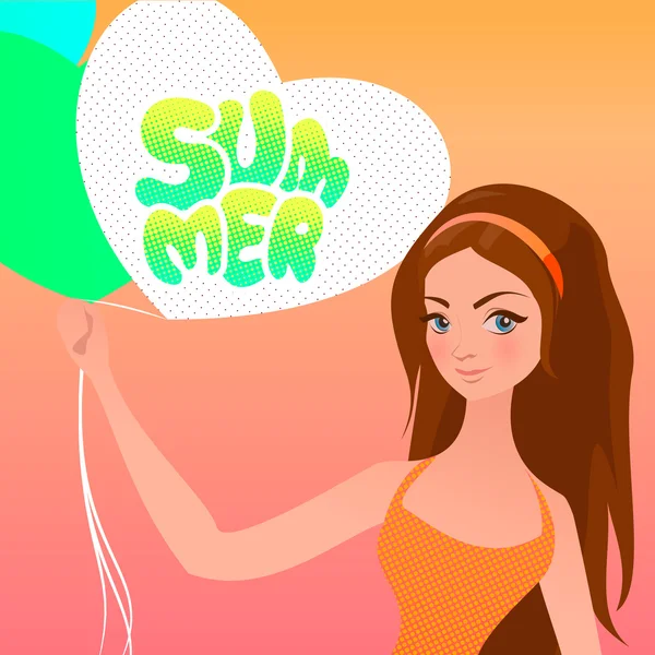 여름 레터링과 풍선 귀여운 소녀. — 스톡 벡터