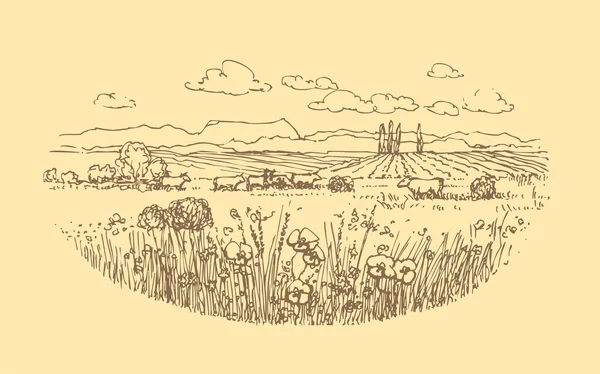 İnek ile kırsal manzara vektör el çekilmiş.