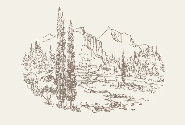 Illustration de paysage montagnard dessinée à la main vectorielle . — Image vectorielle