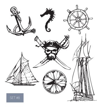 Vektör korsan simgeler kümesi: jolly roger, anchore.