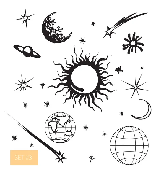 Conjunto espacial vectorial. Sol, luna, tierra, estrellas . — Archivo Imágenes Vectoriales