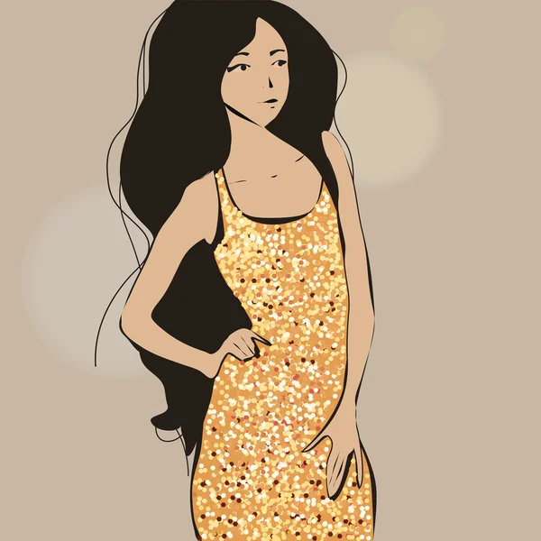 Belle fille dans une robe d'or étincelante . — Photo