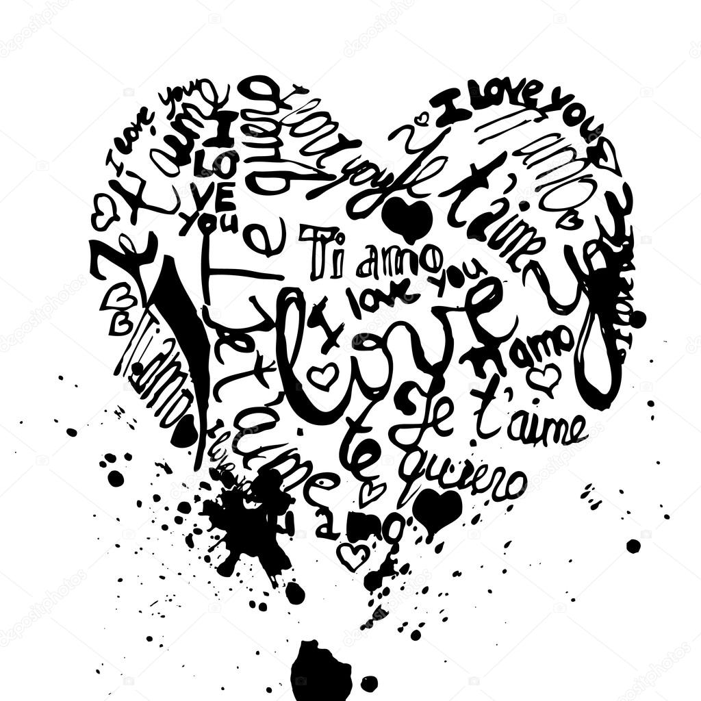 Calligrafico cuore da mano scritta che ti amo testo in differen — Vettoriale Stock