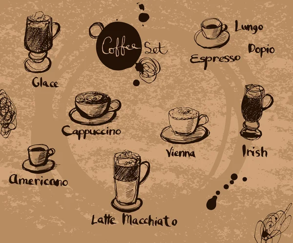 Set di caffè vettoriale disegnato a mano. Testo calligrafico: Cappuccino , — Vettoriale Stock