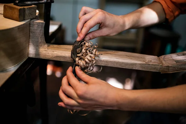 Mulher luthier não reconhecido na oficina tradicional — Fotografia de Stock