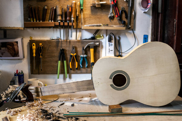 Workshop of lutherie, making guitar. No people