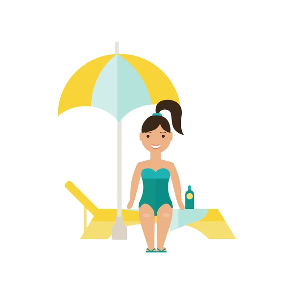 Εικονογράφηση ενός κοριτσιού σε μια ξαπλώστρα κάτω από μια ομπρέλα — Διανυσματικό Αρχείο