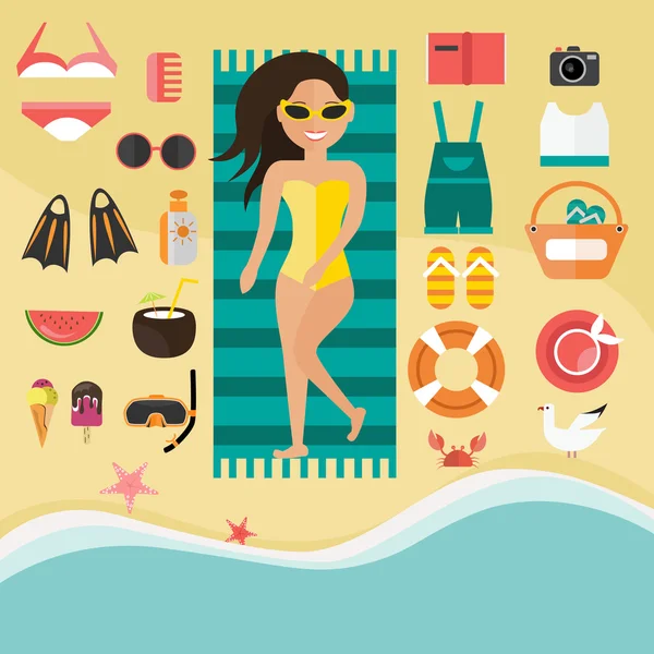 Illustrazione di una ragazza sulla spiaggia e articoli da spiaggia — Vettoriale Stock