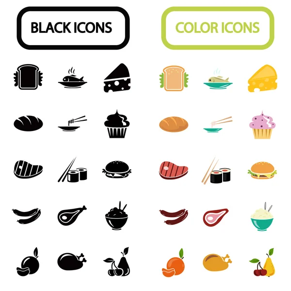 Conjunto de treinta iconos de alimentos negros y de color — Vector de stock