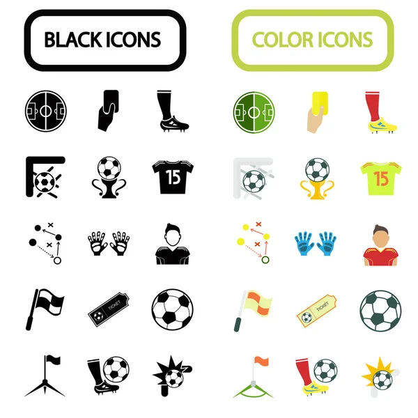 Conjunto de trinta ícones de futebol preto e colorido — Vetor de Stock