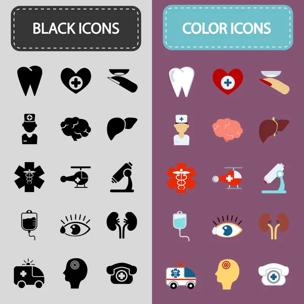 Set von fünfzehn schwarzen und farbigen Medizin-Ikonen — Stockvektor