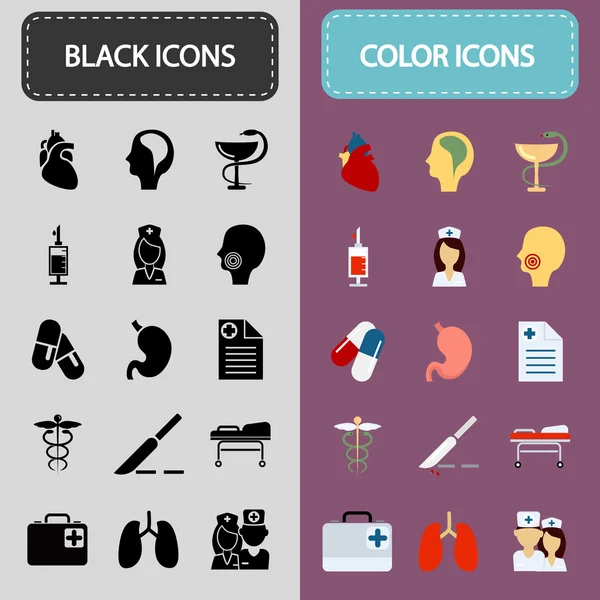 Conjunto de quince iconos de medicina negra y de color — Vector de stock