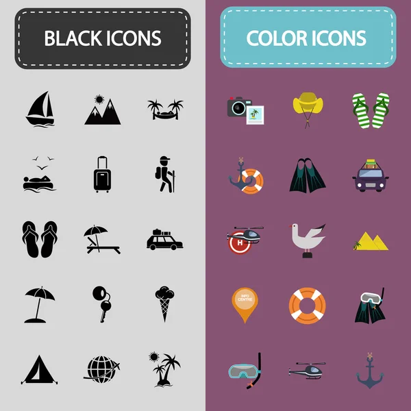 Conjunto de treinta iconos de viaje en negro y color — Vector de stock