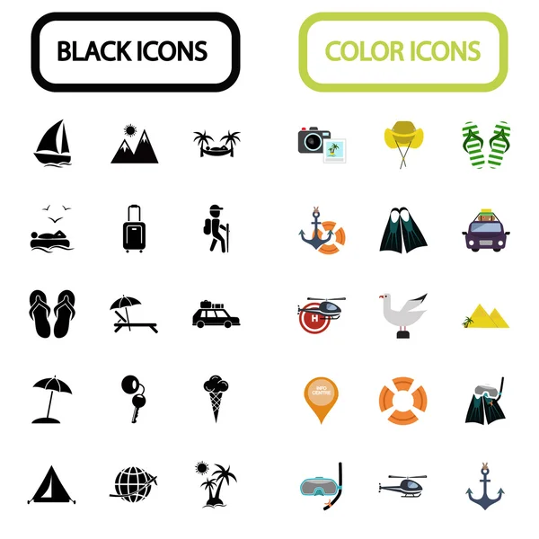 30 블랙 및 컬러 여행 아이콘 세트 — 스톡 벡터