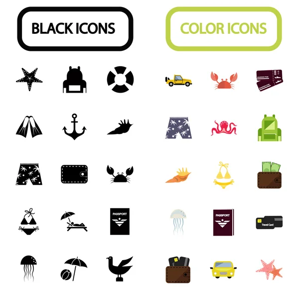 Conjunto de treinta iconos de viaje en negro y color — Vector de stock