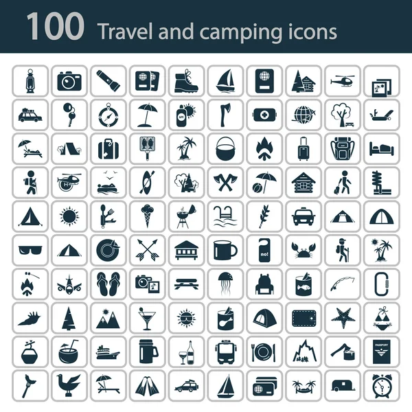 Set of one hundred travel and camping icons — Stock Vector