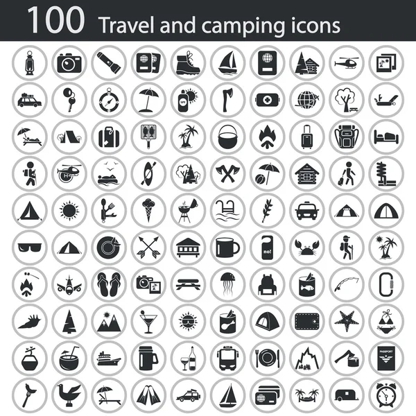 Ensemble de cent icônes de voyage et de camping — Image vectorielle