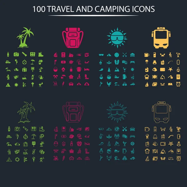 Conjunto de cem ícones de viagem e acampamento — Vetor de Stock