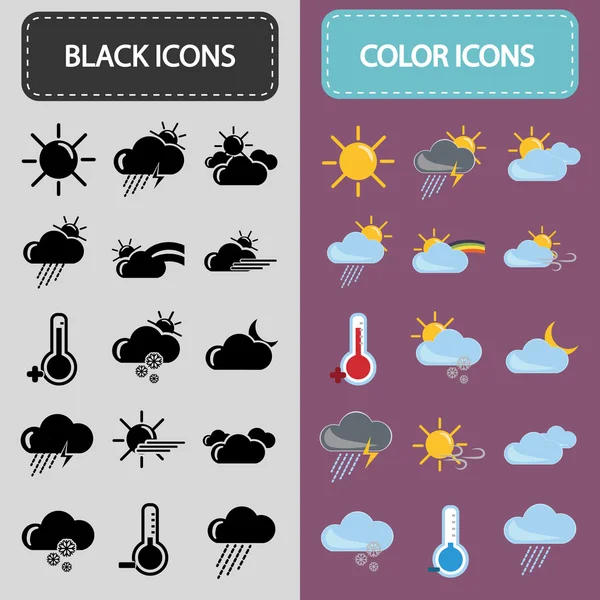 Conjunto de trinta ícones de clima preto e colorido — Vetor de Stock