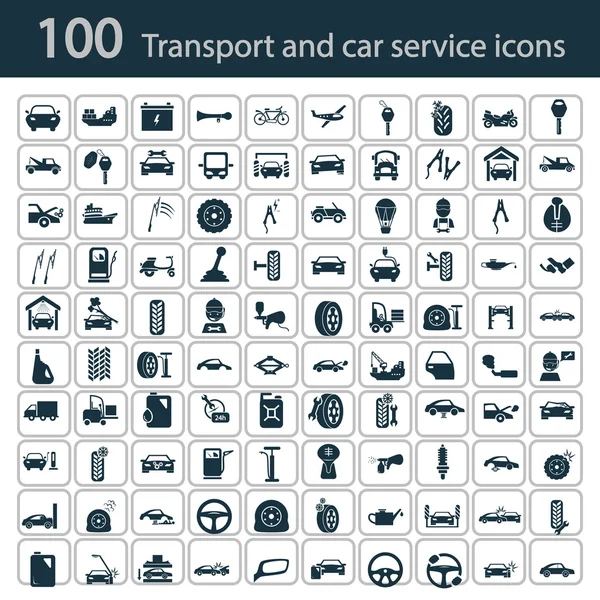 Conjunto de cien iconos de transporte y servicio de coches — Archivo Imágenes Vectoriales