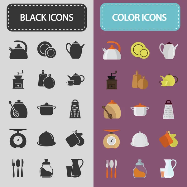 Conjunto de iconos de color y cocina negra — Vector de stock