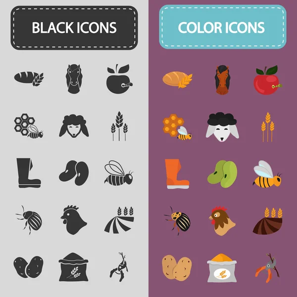 Conjunto de iconos de color y agricultura negra — Vector de stock