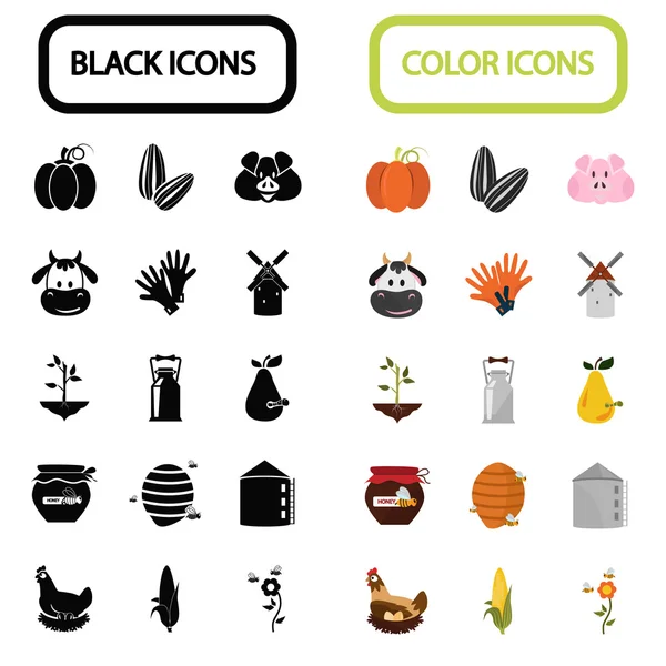 Conjunto de iconos de color y agricultura negra — Vector de stock