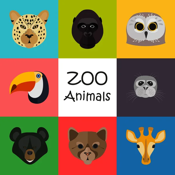 Zoológico animales color conjunto plano — Vector de stock