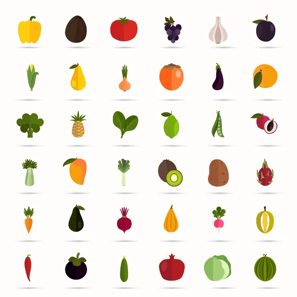 Ensemble de quarante icônes plates de fruits et légumes de couleur — Image vectorielle