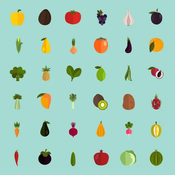 Ensemble de quarante icônes plates de fruits et légumes de couleur — Image vectorielle