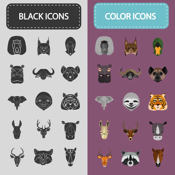 Harminckét fekete és színes állat ikonok — Stock Vector
